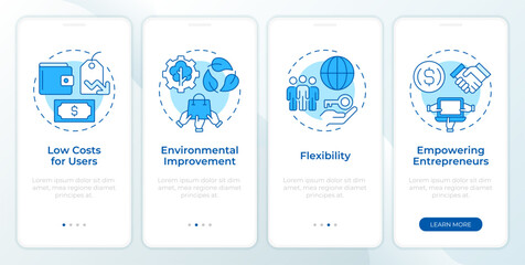 Wall Mural - benefits of sharing economy blue onboarding mobile app screen. walkthrough 4 steps editable graphic 