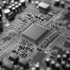 Aufkleber - High-Resolution Monochrome Close-Up of a Complex Motherboard with Integrated Circuitry and Components Detail
