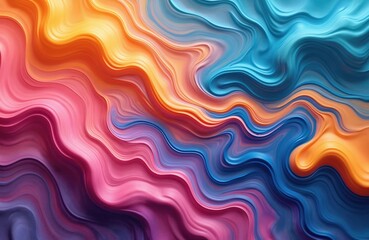 Fototapete - Vibrant abstract background with flowing liquid paint in blue, orange, pink, purple colors. Wavy texture with swirls creates dynamic movement. Artistic design suits modern, creative projects, digital