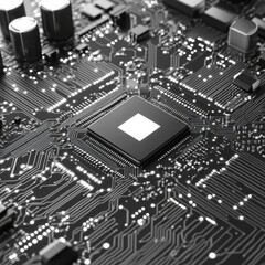 Leinwandbilder - Monochromatic Motherboard: A Gleaming Close-Up of Central Processor Unit Interconnectivity with Dazzling Light Trails