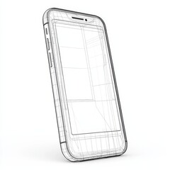 Fototapete - Smartphone Blueprint: Wireframe Design of a Modern Mobile Device on a Clean White Background.