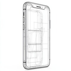 Fototapete - Smartphone Technical Drawing: Wireframe Blueprint for Mobile Device Design and Innovation.