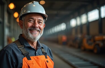 Aufkleber - Smiling industrial worker in factory. Silver haired man wearing hard hat, orange uniform. Construction, steel industry professional. Mature engineer in helmet. Heavy industry workshop. Happy