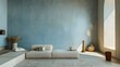 © Shah Zain - Modern minimalist living room interior with blue wall and natural light