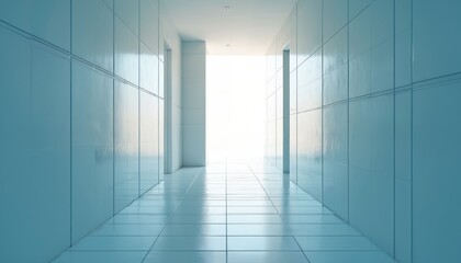 Poster - Hallway interior with blue tile walls, door, perspective view. Long corridor in modern building. Empty space with geometric lines and vanishing point to bright light. Abstract design.
