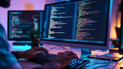 Focused programmer coding on multiple monitors in a modern work environment