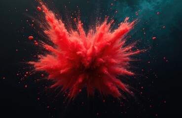 Poster - Dramatic red paint explosion on black backdrop. Splashes, stains, colors create abstract blood cloud dust effect. Powder spray ink mist paper bloody spot backdrop.