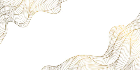 Wall Mural - vector gold and white line wave art, japanese golden clouds, luxury sea ornament at corners. water o