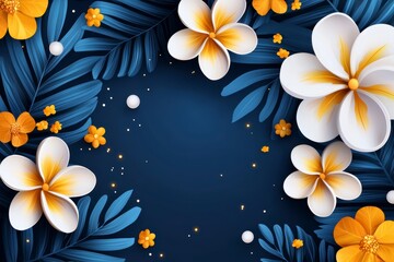 tropical floral frame on dark blue background.