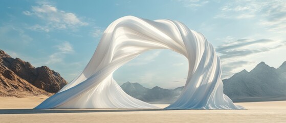 Leinwandbilder - Surreal white fabric archway in desert landscape with mountains under a blue sky Concept of abstract art, architecture, and minimalist design
