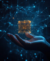 human hand holding glowing cube amid interconnected nodes
