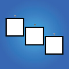 Aufkleber - Set of 3 vector picture frames hanging on blue wall. mock up frame photo. blank frame. realistic photo card
