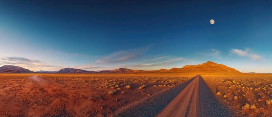 Leinwandbilder - Panoramic view of a desert landscape with a dirt road leading to distant mountains under a blue sky and full moon Concept of travel, adventure, and solitude