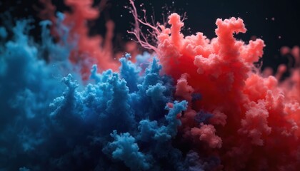 Leinwandbilder - Graceful swirls of acrylic blue and red fluid mixing in water on black background. Mesmerizing ink blots contrast. High-colored smoke and fire flames energy flows with dark motion.