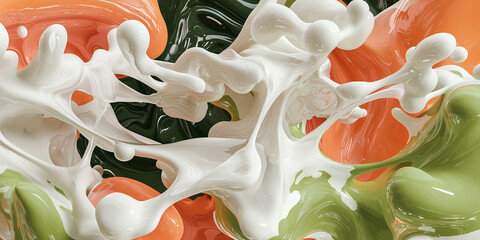 Poster - Abstract fluid art with vibrant swirls of orange, green, and white creating dynamic movement