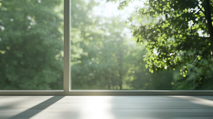 Poster - sunlit room with large windows overlooks lush green trees, creating serene atmosphere
