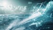© Shah Zain - Futuristic wind turbine on ocean waves with digital overlay