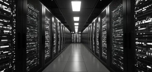 Poster - Black, white server room hosts data storage. Computer networking hardware racks, cables glow. Information tech infrastructure, system security. Digital age data center, cyberspace communication,