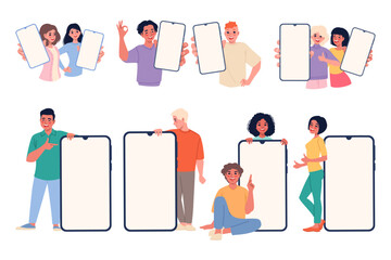 People showing phones. Funny men and women with smartphones, smiling characters hold empty displays, blank screens, empty device screen, cartoon flat style isolated vector classy set