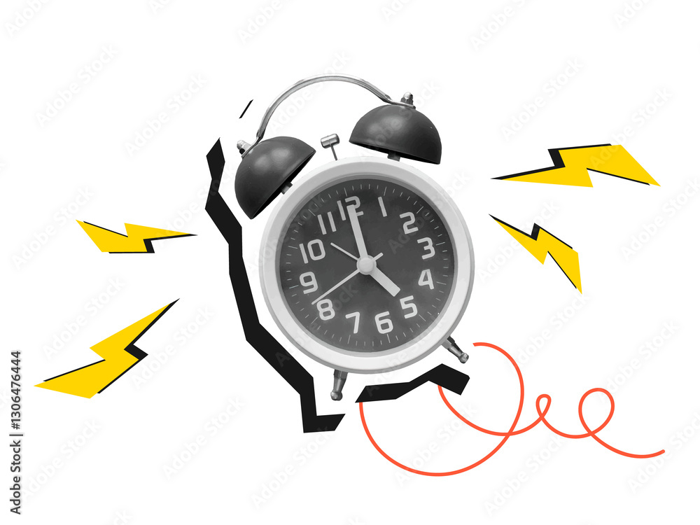 Ringing alarm clock with lightnings. Modern collage style. Illustration ...