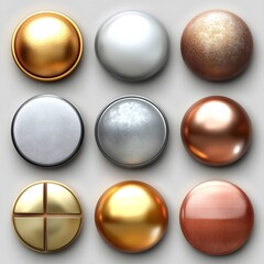 assorted set of metal buttons on white background.