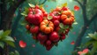 © MonikaPixArt 19 - A vibrant heart-shaped arrangement of ripe tomatoes and strawberries, nestled amongst lush green foliage, evokes feelings of love and nature's bounty.