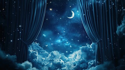 Wall Mural - 3d curtain with a night sky and clouds, stars and a moon, fantasy, celestial, dreamy