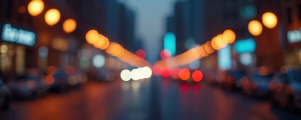Aufkleber - Blurred night city street with bokeh lights. Abstract urban background with colorful neon signs, traffic. Defocused image evokes modern nightlife mood. Bokeh effect creates bright light spots. Ideal