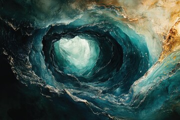 Poster - A mesmerizing view inside a glacial cave, icy blue walls swirling towards a bright opening.