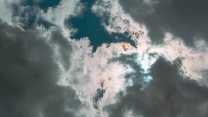 Wall Mural - Natural Background Sky Time Lapse. Cloudy Sky With Fluffy Clouds. Dark Clouds Disperse And Clear Skies Appear. Sun Shines Directly Into Eyes. Dark Clouds Give Way To White Fluffy Clouds And Clear