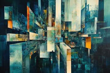 Poster - Abstract cityscape painting with teal, beige, and orange hues, depicting a complex, multi-layered urban structure.
