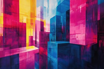 Fototapete - Abstract cityscape with vibrant pink, blue, and yellow geometric shapes, creating a dynamic and energetic visual.