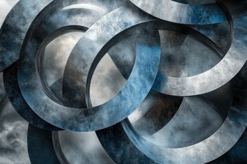 Aufkleber - Abstract image of interwoven metallic rings with a smoky, cloudy background.