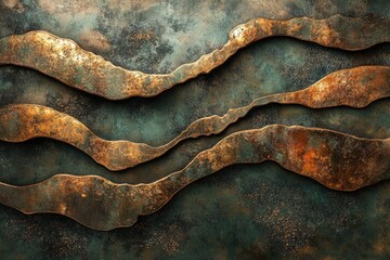 Aufkleber - Abstract art featuring three wavy, textured metallic forms in copper and bronze tones on a dark teal background.