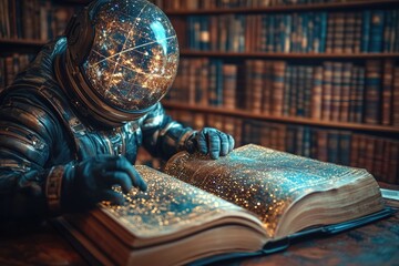 Wall Mural - astronaut reading a book in a space suit, great for sci-fi or futuristic themes