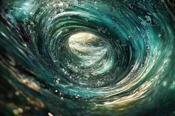 Fototapete - A mesmerizing teal wave curls into a vortex, revealing light at its core.  Nature's swirling beauty.