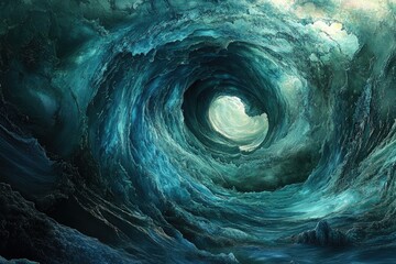Fototapete - A mesmerizing digital artwork depicting a swirling vortex of teal and dark blue ocean waves, creating a captivating underwater abyss.