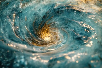 Fototapete - A mesmerizing vortex of teal and gold water swirling into a luminous center.