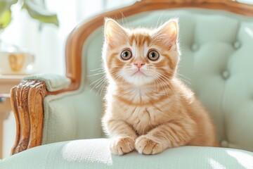 Naklejka na meble Cute Kitten in Cozy Cat Cafe Concept. Cute orange kitten sitting on a vintage chair in bright sunlight