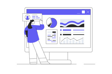 Wall Mural - digital business concept. woman working with graph statistics of company and planning investments. f