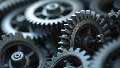 Leinwandbilder - Close-up interlocking silver gears rotating smoothly in complex industrial machinery. Metal cogwheels mechanism. Engineering teamwork, precision, power. Mechanical, industrial, technology abstract