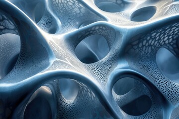 Poster - Abstract 3D render of a biomorphic, porous, metallic structure with intricate details and a cool blue tone.