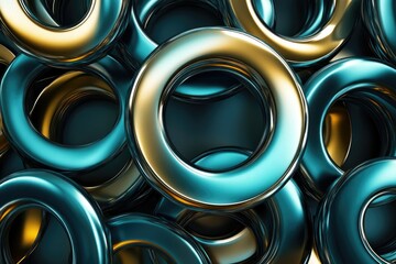 Poster - Abstract image of overlapping metallic rings in teal and gold, creating a visually striking pattern.