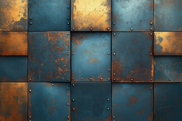 Poster - Rustic metal wall texture with square panels in teal and copper tones, showing signs of age and wear.