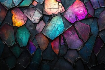 Fototapete - Abstract art of fragmented, iridescent gemstones in vibrant hues of purple, teal, and gold.