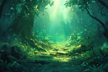 Wall Mural - sunlit path through a lush, mystical forest; vibrant green foliage and ancient trees.
