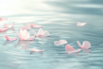 Aufkleber - Floating flower petals create a tranquil atmosphere on calm water with soft pastel tones in a serene setting Generative AI