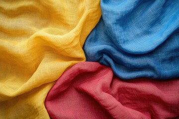 Aufkleber - Close-up view of four fabric swatches in yellow, red, and blue, showcasing their texture and draping.