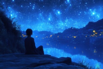 Wall Mural - A person sits on a rock, lost in thought, staring up at the night sky