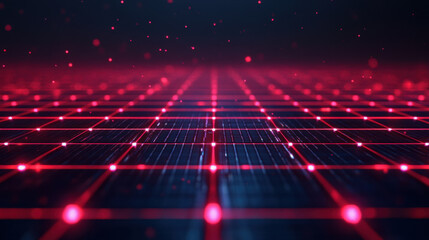 Digital grid background with red glowing lines and particles creates futuristic atmosphere. vibrant red lights contrast against dark backdrop, enhancing visual depth